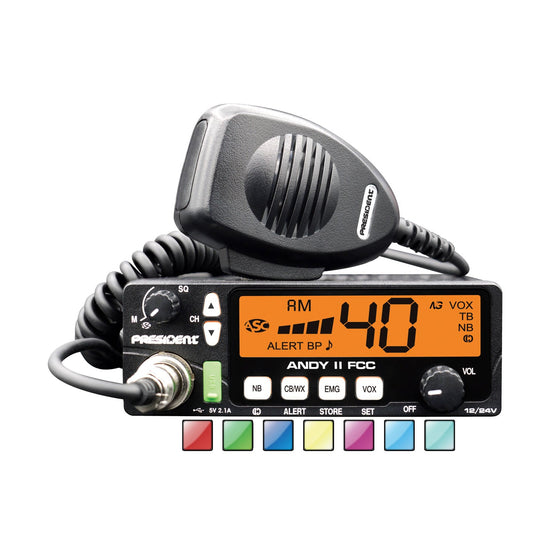 PRESIDENT - ANDY II FCC 12-24 VDC 40 CHANNEL CB RADIO WITH USB PORT, 7 COLOR DISPLAY, VOX, WEATHER & ALERT-KRM Products LLC.