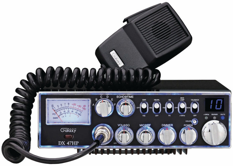 GALAXY DX47HP 100 WATT 10 METER RADIO WITH 7 COLOR SELECTABLE FACE, VARIABLE POWER OUTPUT, ECHO, ROGER BEEP, SWR CIRCUIT, PA-KRM Products LLC.