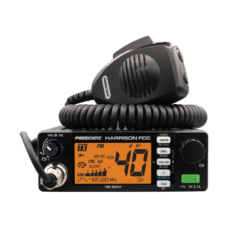 PRESIDENT- HARRISON 40 CHANNEL AM/FM 12-24 VOLT CB RADIO WITH USB PORT & 7 BACKLIGHT COLORS-KRM Products LLC.