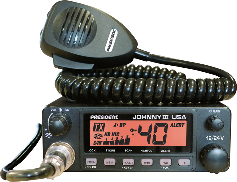 PRESIDENT - 12-24 VOLT 40 CHANNEL MOBILE CB RADIO WITH SELECTABLE 3 COLOR FRONT PANEL, VOX, WEATHER, RF GAIN-KRM Products LLC.