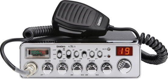 UNIDEN 40 CHANNEL DELUXE CB RADIO WITH BUILT-IN SWR BRIDGE, FRONT 4 PIN MICROPHONE, SEPARATE RF & MIC GAIN CONTROLS, PA, BRIGHT/DIM, CH. 9-KRM Products LLC.