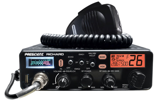 PRESIDENT - RICHARD 50 WATT PEP AM/FM 10 METER TRANSCEIVER WITH CONTINUOUS SCANNING, 7 BACKLIGHT COLORS, ECHO, TALK-BACK & SWR/PWR METER-KRM Products LLC.