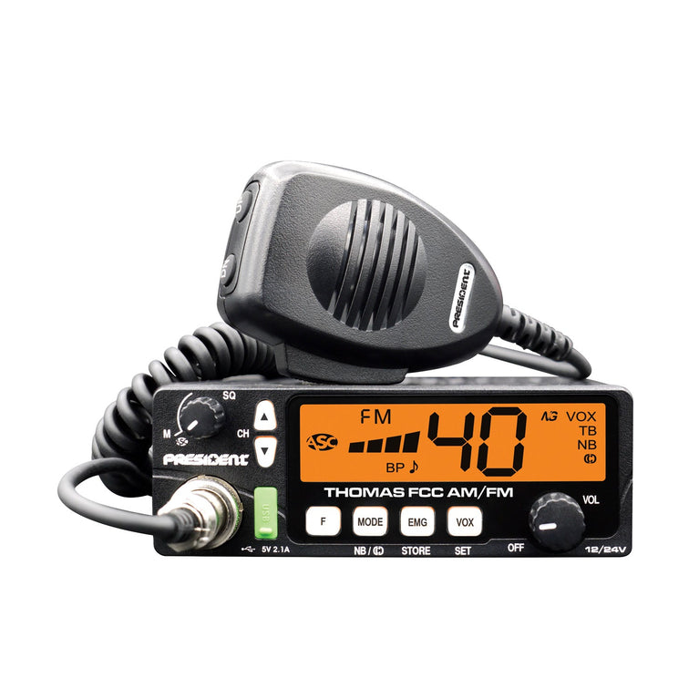 PRESIDENT - THOMAS FCC COMPACT 40 CHANNEL AM/FM CB RADIO WITH 7  COLOR PANEL, USB PORT & VOX-KRM Products LLC.