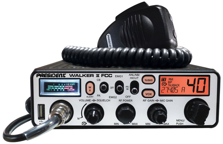 PRESIDENT - WALKER II 40 CHANNEL CB RADIO WITH BRUSHED ALUMINUM PANEL, 7 BACK LIGHT COLORS LCD DISPLAY WITH FREQUENCY, VOX & TALK-BACK-KRM Products LLC.